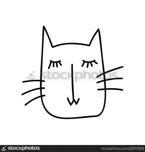 Cute baby black line face of Scandinavian cat. Hand drawn illustration of a flat. Design element of t-shirt, home textiles, wrapping paper, children textiles.. Cute baby black line face of Scandinavian cat. Hand drawn illustration of a flat. Design element of t-shirt, home textiles, wrapping paper, children textiles