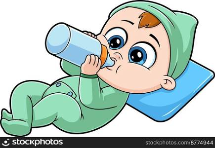Cute Baby Boy Cartoon Character Drink Milk From Bottle. Vector Hand Drawn Illustration Isolated On Transparent Background