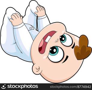 Cute Baby Boy Cartoon Character Is Playing Touching Feet.Vector Hand Drawn Illustration Isolated On Transparent Background