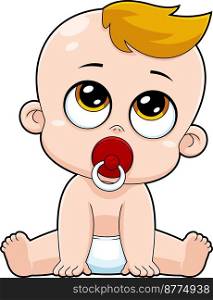 Cute Baby Boy Cartoon Character Sitting With Pacifier In Mouth And Diapers. Vector Hand Drawn Illustration Isolated On Transparent Background