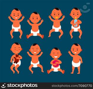 Cute baby boy in diaper. Infant with different emotions cartoon vector characters set. Illustration of little newborn childhood, expression baby. Cute baby boy in diaper. Infant with different emotions cartoon vector characters set