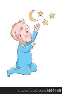 Cute baby boy playing. Happy child in blue diaper plays with stars, vector cartoon simple character. Cute baby boy playing. Happy child in blue diaper vector cartoon character