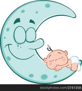 Cute Baby Boy Sleeps On Blue Moon Cartoon Characters