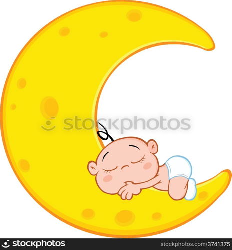 Cute Baby Boy Sleeps On Moon Cartoon Character