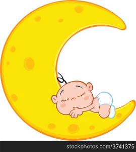 Cute Baby Boy Sleeps On Moon Cartoon Character
