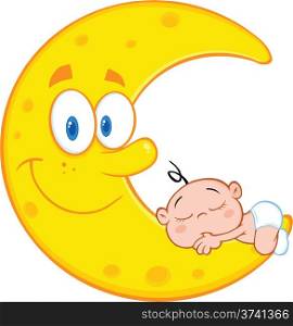Cute Baby Boy Sleeps On The Smiling Moon Cartoon Characters