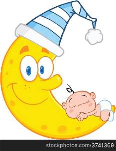 Cute Baby Boy Sleeps On The Smiling Moon With Sleeping Hat