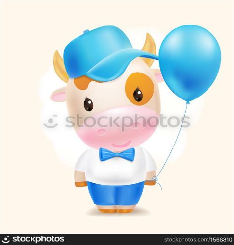 Cute baby bull boy staying with a blue balloon Little cow with blue cap on a soft pastel cloud. 2021 Chinese symbol. Cartoon sweet style. Vector illustration.