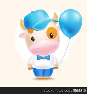 Cute baby bull boy staying with a blue balloon Little cow with blue cap on a soft pastel cloud. 2021 Chinese symbol. Cartoon sweet style. Vector illustration.