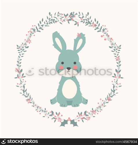 Cute baby bunny rabbit in Christmas flower and branch wreath, vector illustration