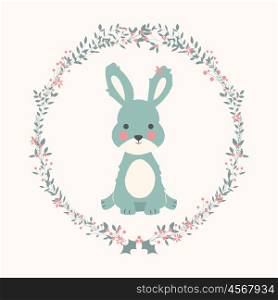 Cute baby bunny rabbit in Christmas flower and branch wreath, vector illustration