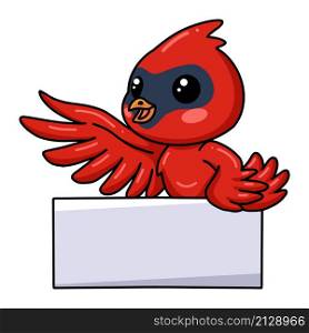 Cute baby cardinal bird cartoon with blank sign