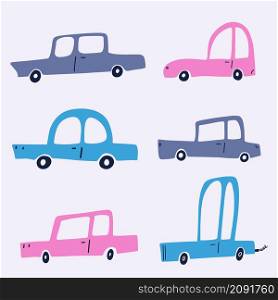 Cute baby cars collection with texture. Colorful cartoon car transporter on a white background. Baby car wallpaper, hand drawn flat textile design.. Cute baby cars collection with texture. Colorful cartoon car transporter on a white background.