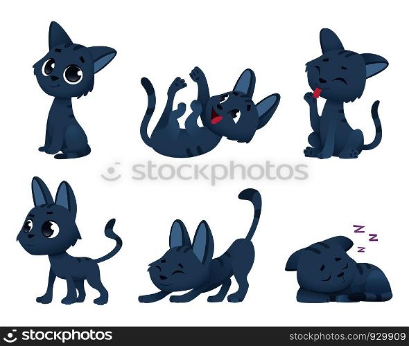 Cute baby cats. Funny little domestic animals toy kitten vector cartoon characters in various poses. Illustration of cat animal, kitten pet domestic. Cute baby cats. Funny little domestic animals toy kitten vector cartoon characters in various poses