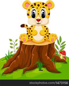 Cute baby cheetah sitting on tree stump