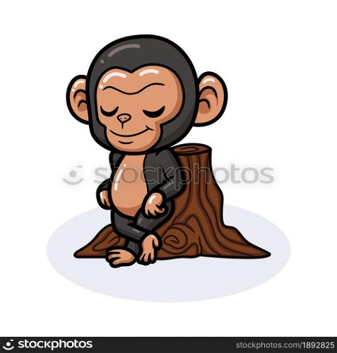 Cute baby chimpanzee cartoon leaning against tree stump