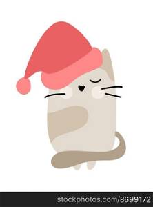 Cute baby Christmas cartoon vector winter cat in red hat. Doodle scandinavian style for new year. Graphic resource for graphic content, banner sticker.. Cute baby Christmas cartoon vector winter cat in red hat. Doodle scandinavian style for new year. Graphic resource for graphic content, banner sticker