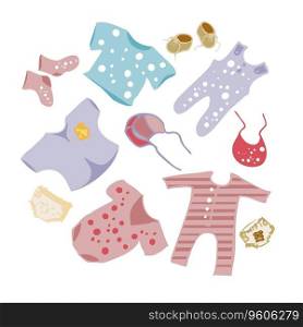 Cute baby clothes and shoes set in flat cartoon design.