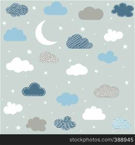 Cute baby clouds, stars, moon pattern vector seamless