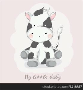 cute baby cow cartoon for t-shirt, print, product, flyer ,patch, fabric, textile,tile,card, greeting fashion,baby, kid, shower, powder,soap, hand drawn style. vector illustration