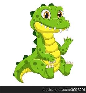 Cute baby crocodile cartoon sit and waving hand