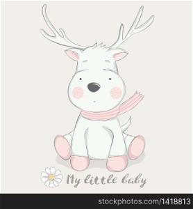 cute baby deer cartoon for t-shirt, print, product, flyer ,patch, fabric, textile,tile,card, greeting fashion,baby, kid, shower, powder,soap, hand drawn style. vector illustration