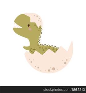 Cute baby dino in egg in scandinavian style. Cartoon dinosaurs animal for kids cards, baby shower, t-shirt, birthday invitation, house interior. Bohemian childish vector illustration.