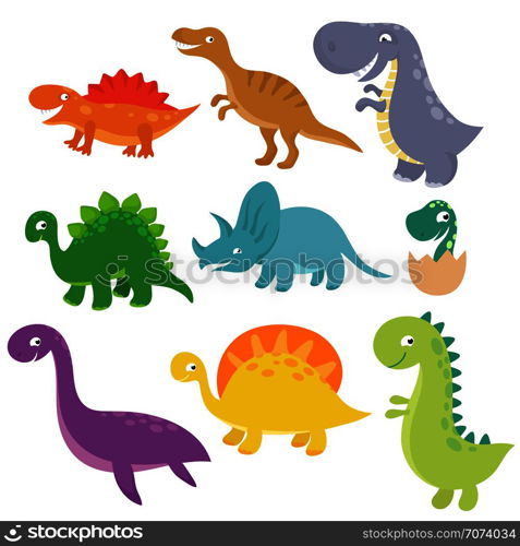 Cute baby dino vector characters isolated vector set. Cartoon colored dinosaur tyrannosaurus and triceratops illustration. Cute baby dino vector characters isolated vector set