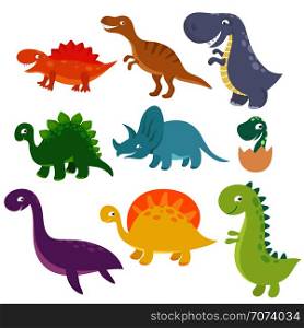 Cute baby dino vector characters isolated vector set. Cartoon colored dinosaur tyrannosaurus and triceratops illustration. Cute baby dino vector characters isolated vector set