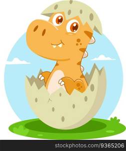 Cute Baby Dinosaur Cartoon Character Hatching From Egg. Vector Illustration Flat Design Isolated On Transparent Background