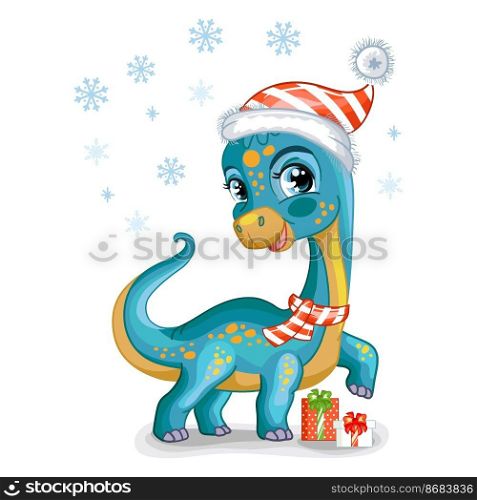 Cute baby dinosaur diplodocus with christmas gifts. Cartoon character. Vector isolated illustration. For print, design, posters, cards, stickers, decor, kids apparel, baby shower and invitation. Christmas cute dinosaur diplodocus with gifts vector illustration