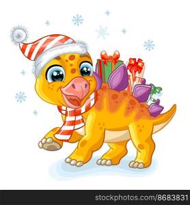 Cute baby dinosaur stegosaurus carries gifts on his back christmas gifts. Cartoon character. Vector isolated illustration. For print, design, posters, cards, stickers, decor, kids apparel, invitation. Christmas cute dinosaur stegosaurus with gifts vector illustration