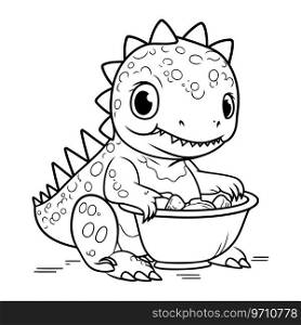 Cute baby dinosaur with a bowl of food. Vector illustration.