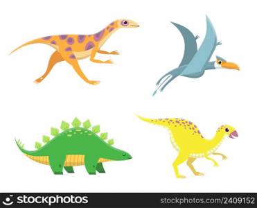 Cute baby dinosaurs. Funny cartoon dino running, standing and flying. Friendly colorful characters for children, adorable prehistoric animals, wild comic creatures isolated vector set. Cute baby dinosaurs. Funny cartoon dino running, standing and flying. Friendly colorful characters for children