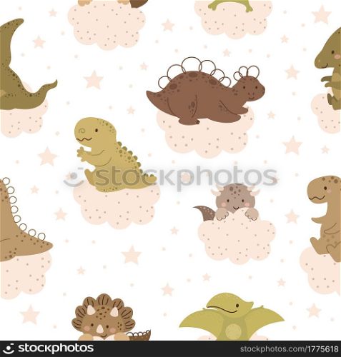 Cute baby dinosaurs on clouds seamless pattern. Scandinavian print for nursery t-shirts, textiles, wrapping paper, kids apparel, invitation cover. Bright colored childish vector illustration.