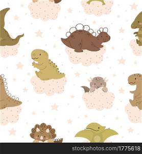 Cute baby dinosaurs on clouds seamless pattern. Scandinavian print for nursery t-shirts, textiles, wrapping paper, kids apparel, invitation cover. Bright colored childish vector illustration.