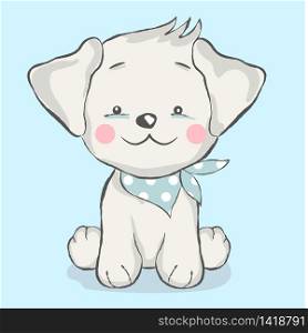 cute baby dog cartoon for t-shirt, print, product, flyer ,patch, fabric, textile,tile,card, greeting fashion,baby, kid, shower, powder,soap, hand drawn style. vector illustration