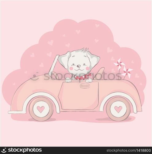 cute baby dog with car cartoon for t-shirt, print, product, flyer ,patch, fabric, textile,tile,card, greeting fashion,baby, kid, shower, powder,soap, hand drawn style. vector illustration