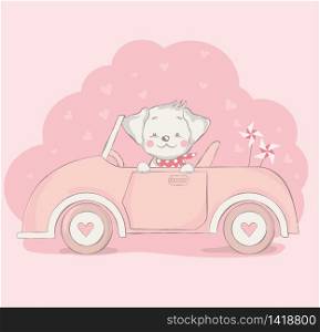 cute baby dog with car cartoon for t-shirt, print, product, flyer ,patch, fabric, textile,tile,card, greeting fashion,baby, kid, shower, powder,soap, hand drawn style. vector illustration