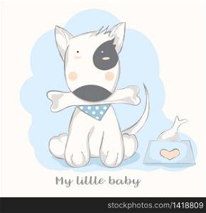 cute baby dog with flower cartoon for t-shirt, print, product, flyer ,patch, fabric, textile,tile,card, greeting fashion,baby, kid, shower, powder,soap, hand drawn style. vector illustration