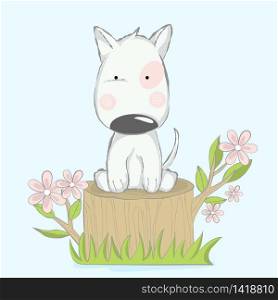 cute baby dog with flower cartoon for t-shirt, print, product, flyer ,patch, fabric, textile,tile,card, greeting fashion,baby, kid, shower, powder,soap, hand drawn style. vector illustration