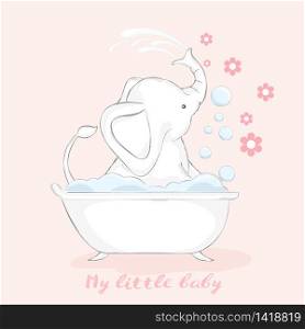 cute baby elephant cartoon for t-shirt, print, product, flyer ,patch, fabric, textile,tile,card, greeting fashion,baby, kid, shower, powder,soap, hand drawn style. vector illustration