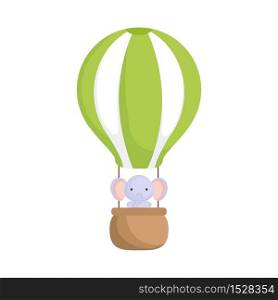 Cute baby elephant in the hot air balloon. Graphic element for childrens book, album, scrapbook, postcard, invitation, mobile game. Flat vector stock illustration isolated on white background.