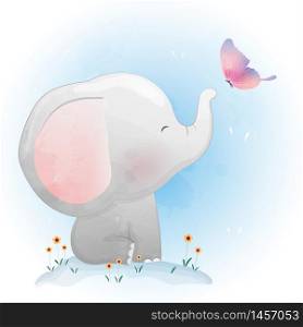 Cute Baby Elephant Playing with butterfly