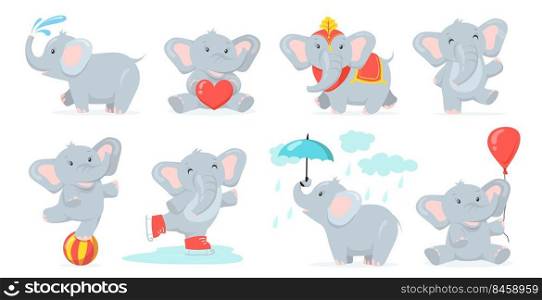 Cute baby elephant set. Funny cartoon animal character splashing water, holding red heart, skating, dancing on ball, walking in rain. Vector illustration for circus tricks, India concept