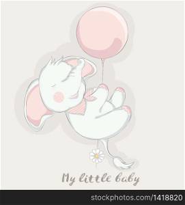 cute baby elephant with ballon cartoon for t-shirt, print, product, flyer ,patch, fabric, textile,tile,card, greeting fashion,baby, kid, shower, powder,soap, hand drawn style. vector illustration