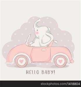 cute baby elephant with car cartoon for t-shirt, print, product, flyer ,patch, fabric, textile,tile,card, greeting fashion,baby, kid, shower, powder,soap, hand drawn style. vector illustration
