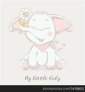cute baby elephant with flower cartoon for t-shirt, print, product, flyer ,patch, fabric, textile,tile,card, greeting fashion,baby, kid, shower, powder,soap, hand drawn style. vector illustration