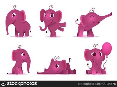 Cute baby elephants. Wild african funny adorable animals vector characters in different action poses. Illustration of pink elephant animal baby. Cute baby elephants. Wild african funny adorable animals vector characters in different action poses