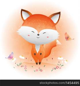 Cute baby fox and butterfly